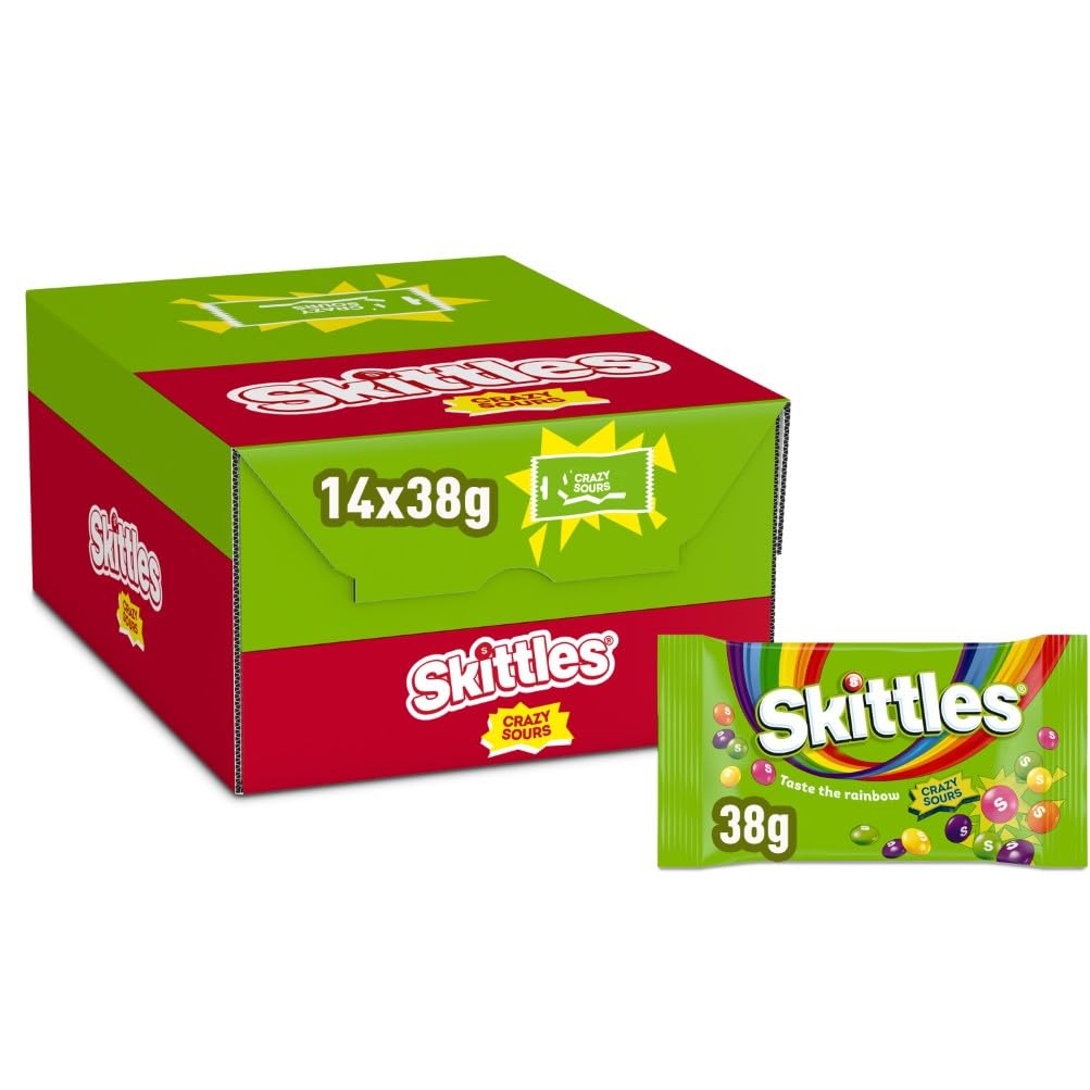 Skittles Crazy Sours, Fruchtbonbons Großpackung 14 x 38, Tüten mit Süßigkeiten, Saure Kaubonbons mit Fruchtgeschmack als Candy, Vegane Snacks (532g)