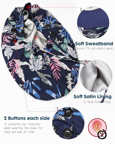 Image of Satin Lined Scrub Cap for Women Extra Large Long Hair Surgical Nurse Cap 4 Buttons