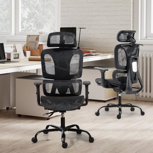 Image of ECOTOUGE Mesh Desk Chair, Ergonomic Office Chair with Lumbar Support, Adjustable Headrest & 3D Armrests, Reclining High Back Chair for Home, Black Gaming Chair for Adults