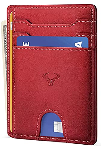 Image of Contacts Genuine Leather Slim Wallet | RFID Blocking Skinny Minimal Thin Front Pocket Wallet Sleeve Card Holder for Men | Up to 7 Card Slots Including 1 ID Window (Red)