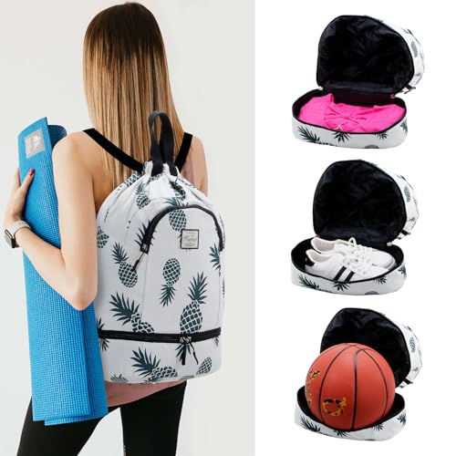 Image of Kamo Drawstring Backpack Bag - Sport Swimming Yoga Backpack with Shoe Compartment, Two Water Bottle Holder for Men Women Large String Backpack Athletic Sackpack for Travel
