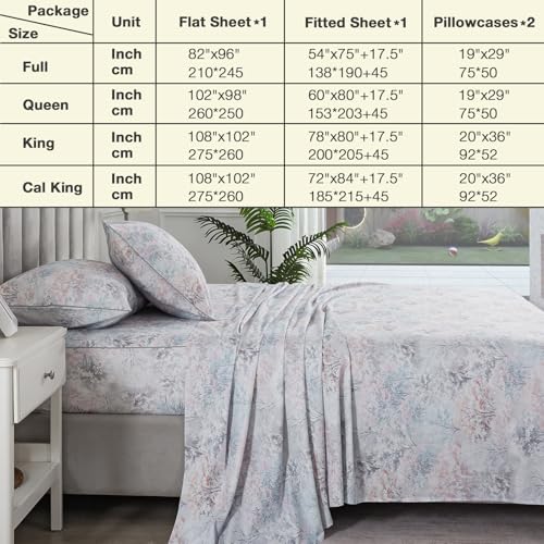Image of Shabby Tree Patterned Chic Percale Sheets King Size, 100% Cotton Toile Deep Pocket Vintage Sheet Set, Crisp Soft Grey Forest Aesthetic Bed Sheets, Luxury Farmhouse Bedding Sets, 4Pcs