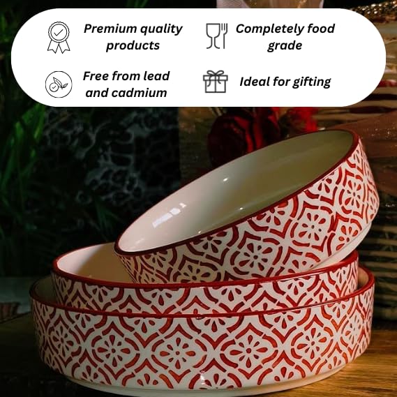 Image of Niyara Stoneware Handmade Ceramic Stylish Premium Serving Bowls /Salad Tray Microwave Dishwasher Safe (red Salad Bowl Set of 3)