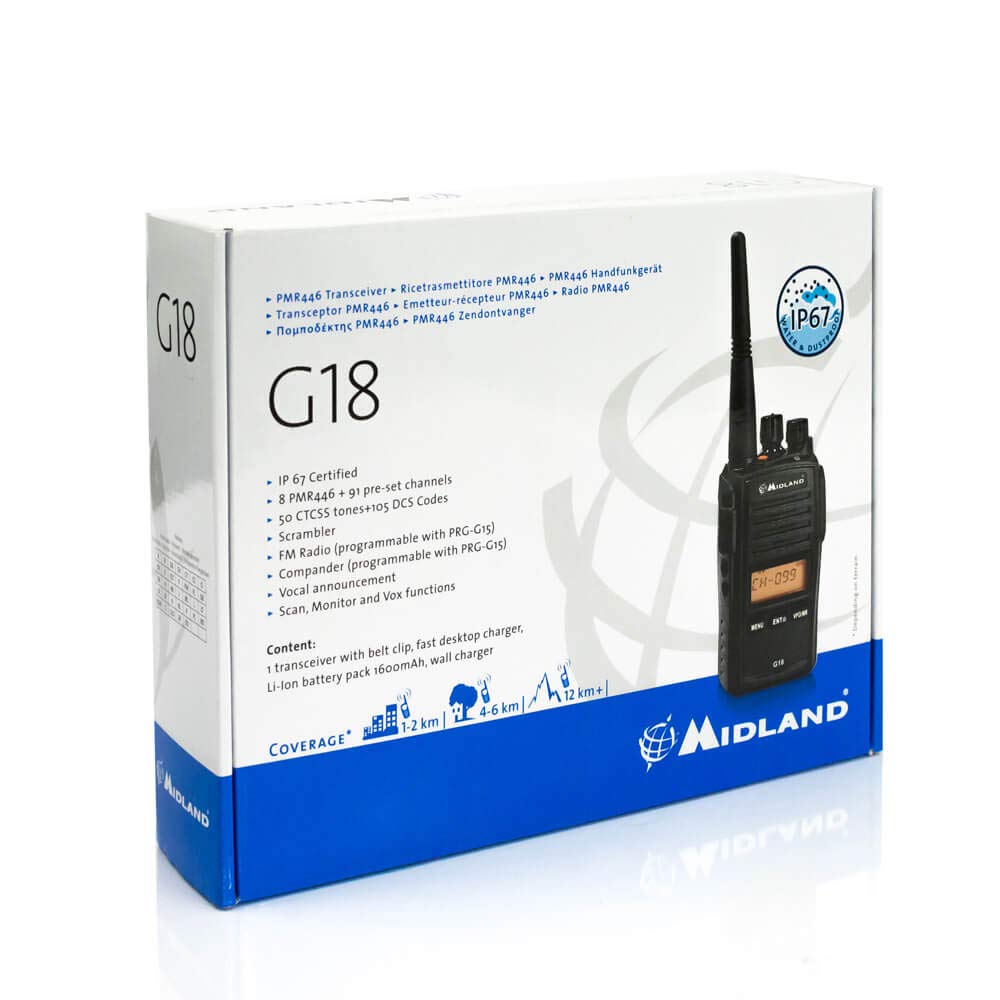 MIDLAND G18 Walkie Talkie Receptor de Radio - 1 Transceptor Semiprofesional, Batería Recargable de Ión de Litio (1600 mAh), Cargador de Sobremesa, Adaptador de Pared, Clip para Cinturón