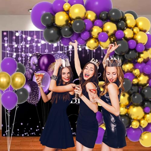 Image of Purple Black Gold Balloon Arch Garland Kit - Purple Black Metallic Gold Balloons for Purple Birthday Wedding Engagement Class of 2026 Graduation Party Decorations