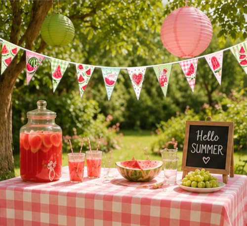 Image of Watermelon Summer Pennant Banner, 12 Pastel Watercolor Triangle Flags, Fabric Hanging Garland with Black Rope, Ready to Hang for Summer Party, Birthday, BBQ, Picnic, Baby Shower, Pool Party Decor