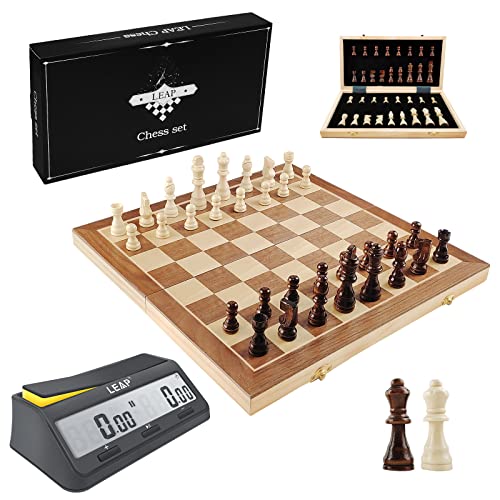 Leap Classic Chess Clock Wooden Appearance And Magnetic Wooden Chess Set 15’’ Inches Chess Board Set Bundle #TOP14