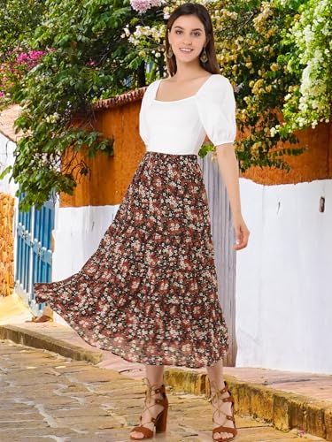 Allegra K Women's Floral Skirt Chiffon A-line Long Tiered Ruffle Boho Summer Midi Skirts2