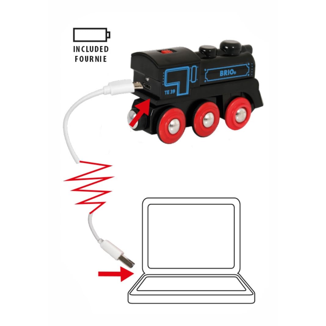 BRIO World - Train électrique avec locomotive rechargeable - Compatible avec les circuits de train en bois - Recharge USB - Jouet enfant dès 3 ans - 33599