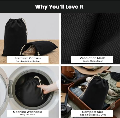 Image of LFH Cotton Rich Shoe Storage Bags with Drawstring, Dustproof Breathable Reusable Organizer, Perfect For Travel, Dorm, Hotel, College, Gym, Machine Washable 8 inchx17 inch (Pack of 2) - Black sand
