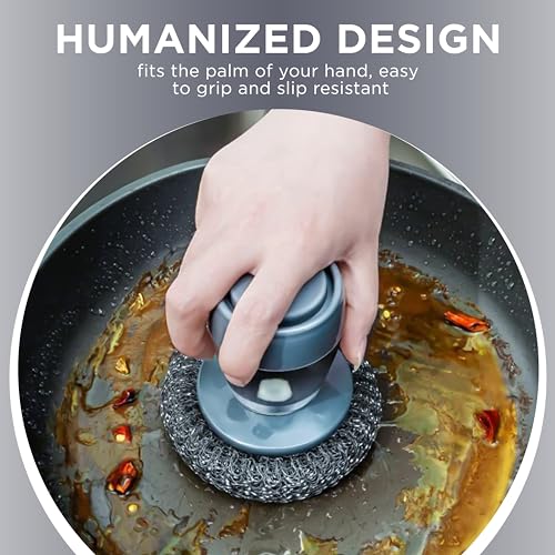 Image of Stainless Steel Scrubber with Soap Dispensing Handle, Heavy Duty Pot Scrubber, Palm Brush with Replaceable Steel Wool Scouring Pad Used for Dishes, Pots, Pans, Grills, Sink, Gray