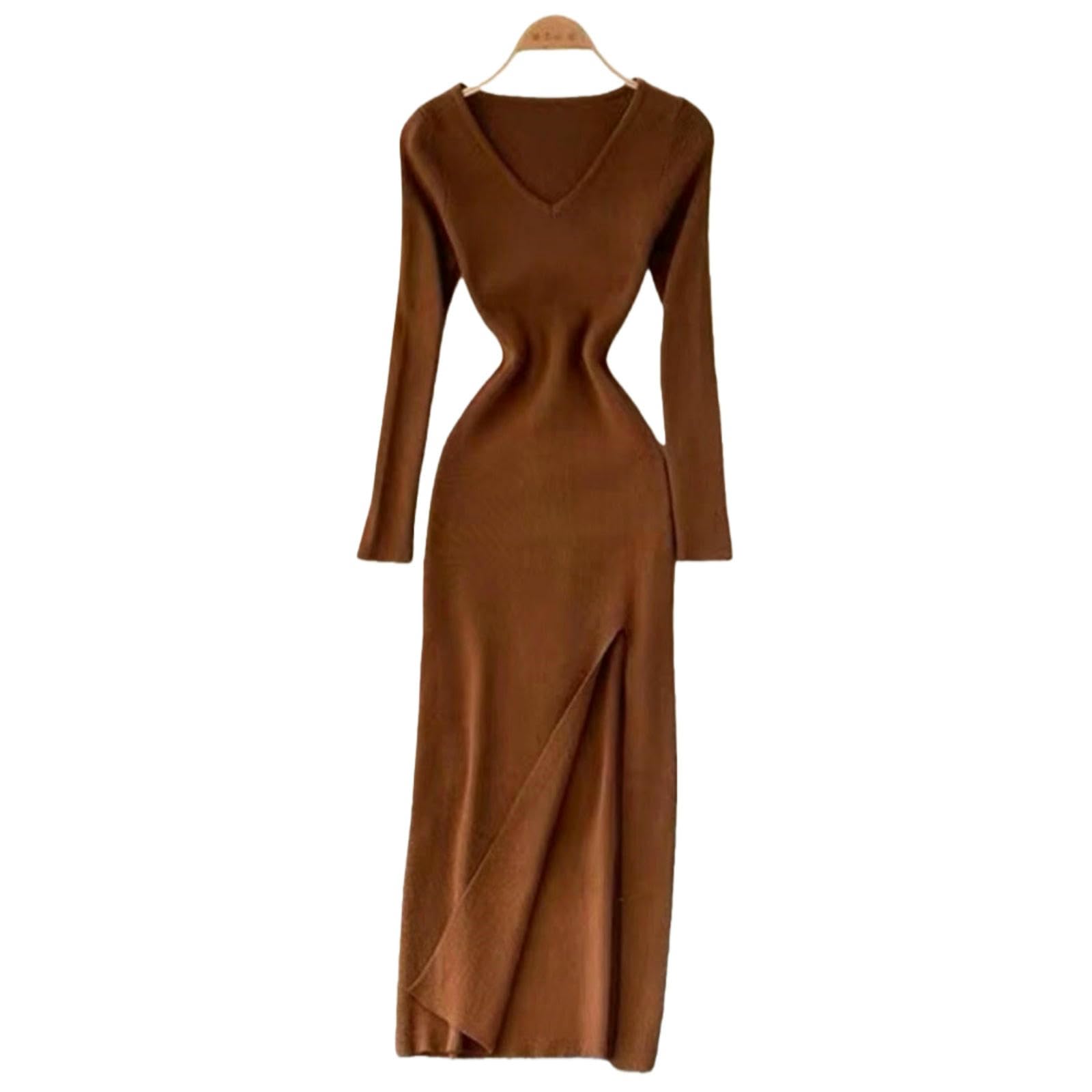 Vestiti a Maniche Lunghe Abito in Maglia da Donna Stile Francese, Avvolgente Slim Fit con Scollo V Spacco, Autunno Inverno per Feste E Abbigliamento Quotidiano-Arancione-s