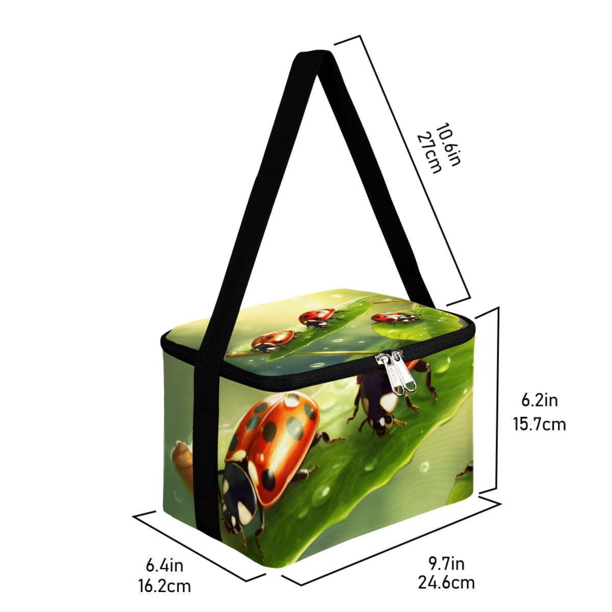 GzLeyigou Lunch Bags for Women Men 9 Cans,Insect Ladybugs Hot & Cold Food Delivery Bag Insulated Grocery Bag Insulated Lunch Box Green Leaves Cooler Bag for Office Work Picnic Beach