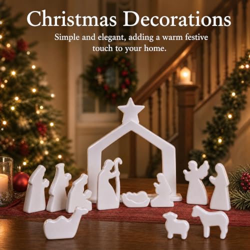 Image of NEROSUN Nativity Scene Set Figurines, 12Pcs White Ceramic Nativity Scene Miniature Holy Family Tabletop, Christmas Decorations for Indoor Holiday Table Mantel Decor Christian Spiritual Gift