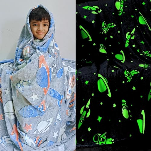 Image of Famyo Glow in the Dark Blanket Combo, Rocket & Purple Unicorn | 2 Soft Flannel Fleece Blankets, 200 x 152 cm, Double /Queen Size, Cozy All-Season Throw for Home & Bedroom