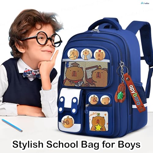 Image of FunBlast Capybara Backpack for Kids - Cute Cartoon School Bag with Multiple Pockets & Keychain, Spacious 20L Bagpack for School, Travel & Picnic - 40 x 30 x 17 cm