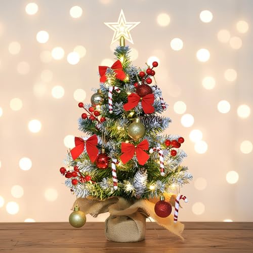 Mini Christmas Tree, Pre-Lit Artificial Mini Christmas Tree Tabletop Pine Tree Potted Small Xmas Tree with Christmas Ball Bows Red Berry Pine Cone Star, for Xmas Home Kitchen Office Table Decor (45cm)
