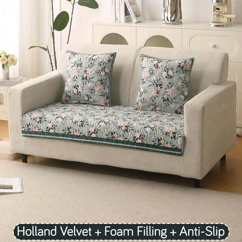 Image of HOKIPO 'Florentina Series' Premium Holland Velvet Sofa Cover Mat for 2 Seater Sofa with Foam Filling for Extra Softness, Anti-Slip Backing, Magnolia Green (IN-879-V1)