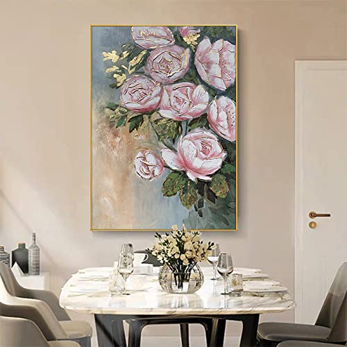 Tableau fleurs roses et ballet abstrait : l'élégance poétique d'une toile peinte