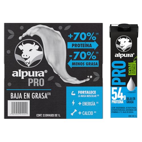 Alpura Pro Leche Extra Proteína Baja en Grasa Ultrapasteurizada en Paquete de 12 piezas de 1 Litro cada una. Fuente de proteína y Calcio, adicionada...