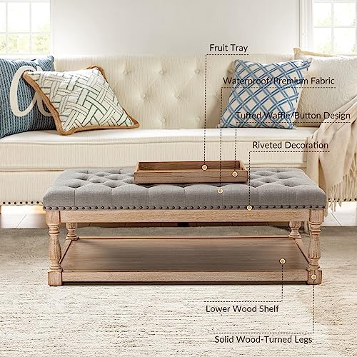 Hulala Home Rectangle Ottoman Coffee Table With Tray, Large Tufted Fabric Coffee Table With Wood Shelf Storage thumb #7