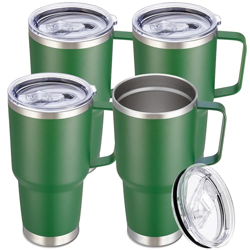 Image of 30 oz Stainless Steel Tumblers Bulk with Handle and Lid, 4 Pack | Powder Coated, Double Wall Vacuum Insulated, Leak Proof Lid, Keep Drinks Cold and Hot, for office, party, camping,Dark Green