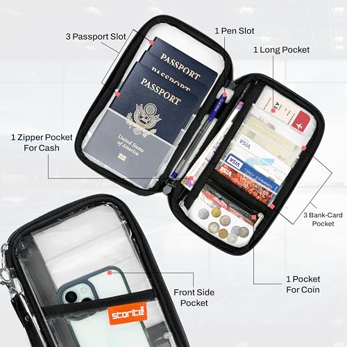 Image of Storite Transparent Travel Passport Holder Cover Case Travel Wallet Document Organiser with Removal Hand Strap for Men & Women (Black-23 x 3 x 13 Cm)