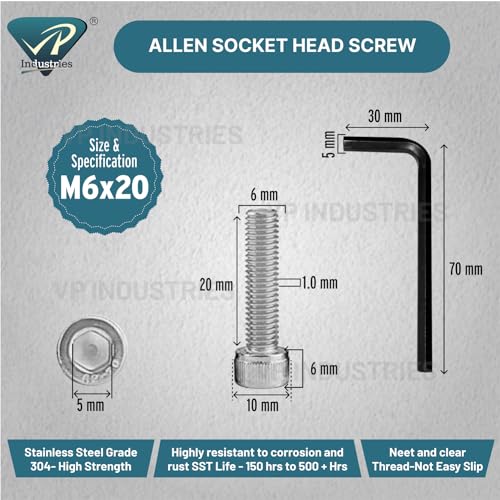 Image of Rely⇒VP INDUSTRIES (Pcs-25) M6X20 mm Socket Head Cap Head Cap Screw Allen Bolt Stainless Steel 304| Allen Socket Head Cap Screw with Allen Key 1 Pc