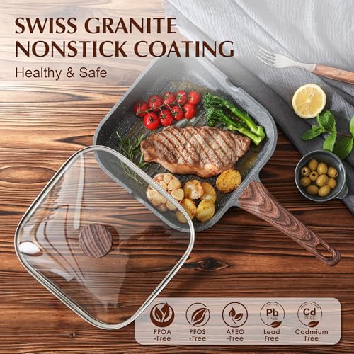 Image of SENSARTE Nonstick Grill Pan with Lid, Grill Pan for Stove Tops, Versatile Griddle with Pour Spouts, Square Big Cooking Surface, Durable Skillet Indoor & Outdoor Grilling. PFOA Free, 9.5 Inch