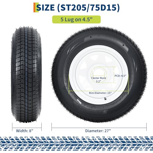 Image of GarveeTech ST205 /75D15 Trailer Tire and Wheel Assembly, 5 Lug, Set of 2 | Heavy-Duty Load Range C 6PR, White Spoke Wheel, 15 Inch Tires for Utility /Boat /Camper Trailers