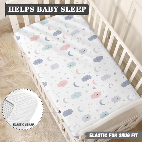 Image of Cloud Baby Crib Sheets for Boys Girls Colorful Fitted Crib Sheet for Standard Crib and Toddler Mattress Cute Moon Stars Baby Mattress Sheets Toddler Bed Sheet 52x28x8 in