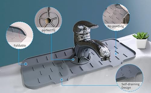 Ojack Kitchen Sink Splash Guard - Silicone Faucet Mat, Sink Draining Pad Behind Faucet, Dish Soap Dispenser And Sponge Holder - Sink Protectors For Kitchen Counters - Gray (14.6 Inch) #TOP3