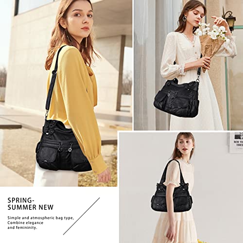 Image of Purses Women Handbags Large Double Zipper Multi Pocket Washed Shoulder Bags Purse with compartments Designer