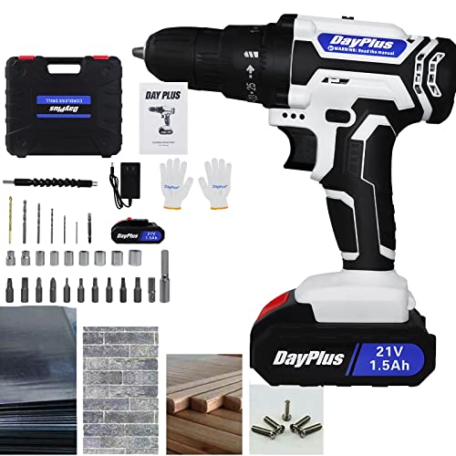 Akkuschrauber 21V, Akku Bohrschrauber mit 1,5Ah Akkus, 45Nm Akku Bohrmaschine, 25+1 Drehmomentstufen, 2-Gang, 10 mm Bohrfutte, mit 24tlg Zubehör für Bohrwände, Holz, Metall, Hauswartung & DIY (Weiß)