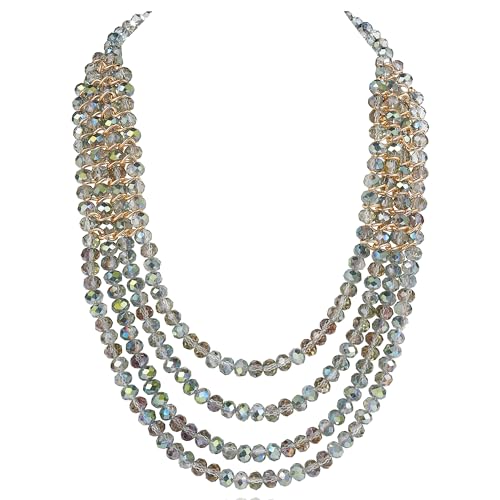 Coiris Beads Layered Necklace for Women Green Beads Multilayered Strand Necklace Sparkling Beads with Multiple Facets Wrapped in Metal Chain Necklace for Women(N0128-AB Green)