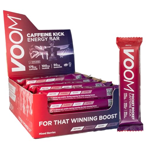 VOOM Pocket Rocket Caffeine Kick Bars - 47g Berry Energy Bar for Cycling & Running Help Reduce Fatigue - Aid Focus - 175mg Caffeine 100mg Taurine 45g Carbs - Natural Ingredients - Gluten Free Vegan