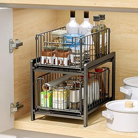 Semounva Under Sink Organizer Bathroom Kitchen Pull Out Organizer 2 Tier Sliding Drawer Shelf Sink Storage Organizer Under Cabinet, Black Cover