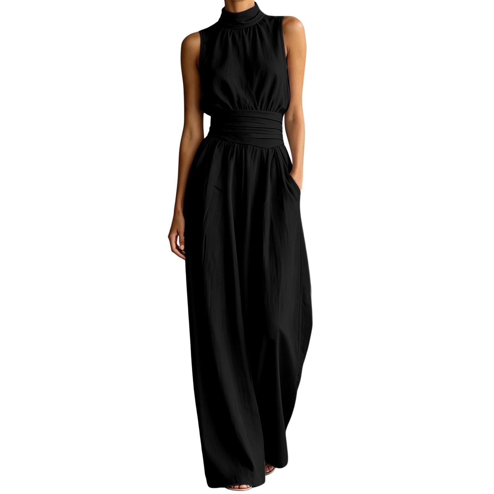 Mono Verano Mujer,Mono Sin Mangas De Cuello Alto Y Pierna Ancha Estilo Casual De Verano PantalóN Largo Fluido Color Liso