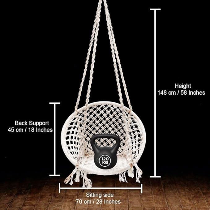 Image of Round Cotton Home Swing for Adults & Kids || Hammock Hanging Swing for Balcony, Indoor & Outdoor|| Wooden Swing Chair|| Handmade Home Jhula || Capacity Upto 120 Kgs