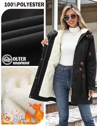 CMTOP Winterjacke Damen Warm Dicke Wintermantel Mittellang Fleece Gefütterte Parka Elegant Casual Outdoor Kapuzenmantel Herbst Winter Jacke Hoodie mit Reißverschluss, Kordelzug(Schwarz, XL)