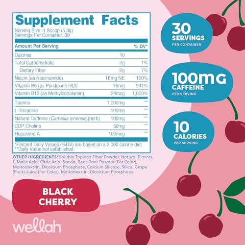 Image of Wellah Perfect Pick-Me-Up (Black Cherry) 30 Servings, Water Enhancer | Energy Boost Drink Mix with Caffeine & L-Theanine