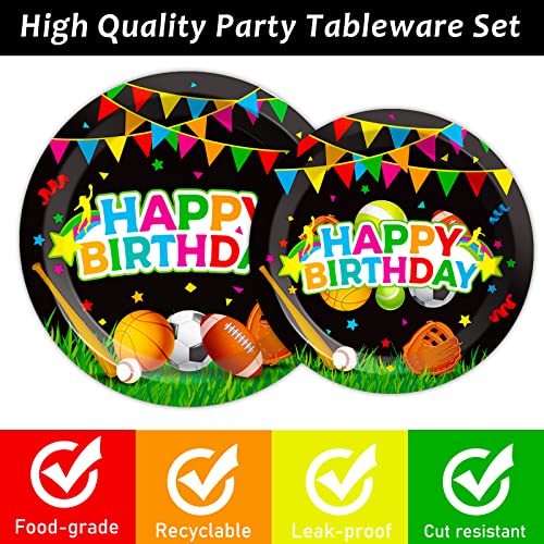 Image of Sports Party Plates Napkins Sports Happy Birthday Party Tableware Baseball Football Soccer Basketball Rugby Disposable Paper Plates Napkins for Boy Birthday Decoration Supplies Favors 24 Guests