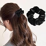 「Mmokari」 ベルベットシュシュ ベロア ヘアゴム 無地ヘアロープ 光沢感 おしゃれ 女性 髪留め ヘアアクセサリー レッド クリスマス パーティー 新年 母の日 プレゼント (02 ブラック)