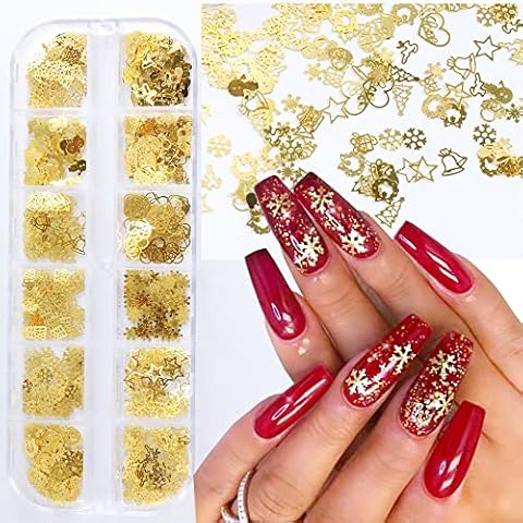 Weihnachten Nagel Pailletten, 12 Boxen Gold Schneeflocken Nail Art Glitter Laser Snowflake Glitzer Nageldesign Cover
