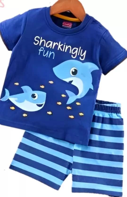 TEENIE WEENIESBLUE SHARK - Cotton Printed Top and Bottom Set/Tshirt-Shorts Combo/Kids Cothing Set for Boys & Girls