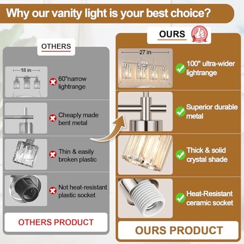Image of Modern K9 Crystal Bathroom Vanity Light Fixtures, 4-Light Chrome Vanity Lighting Over Mirror, Clear Crystal Shades, Modern Bathroom Light for Bedroom Living Room Hallway Dressing Room