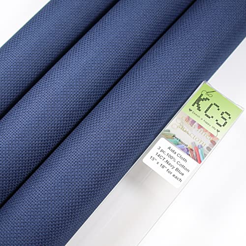 Image of KCS 3 pc of 15 inch x 18 inch Counted Cross Stitch Cotton Aida Cloth Needlework Rolled Fabric Box,14CT,Navy Blue