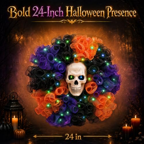 Wizcave 24 in Halloween Wreath with Skull and Color-Changing Lights - image 4