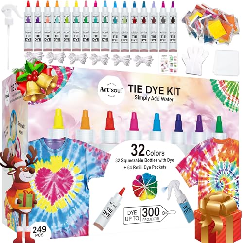 Art+soul 32 Farben Tie Dye Kit mit Bonus Tie Dye Powder Refiils Packs, DIY Fabric Dyeing Kit enth&auml;lt Gummib&auml;nder, Handschuhe, Guide Book Perfekt f&uuml;r Kunst, Familie Partei, Geburtstag Geschenke