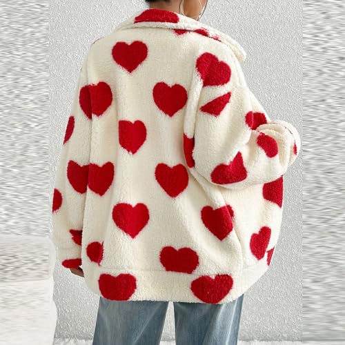 Valentinstag Damen Fleecejacke Fashion Herzen Drucken Plüschjacke Winter Langarm Reißverschluss Verdicken Bequem Oberbekleidung mit Taschen